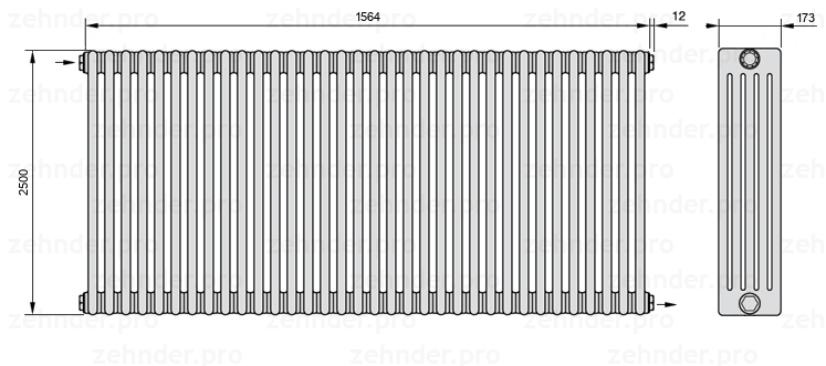 Схема (чертеж) Радиатор Zehnder Charleston 5250/34 №1670 Белый глянцевый RAL 9016